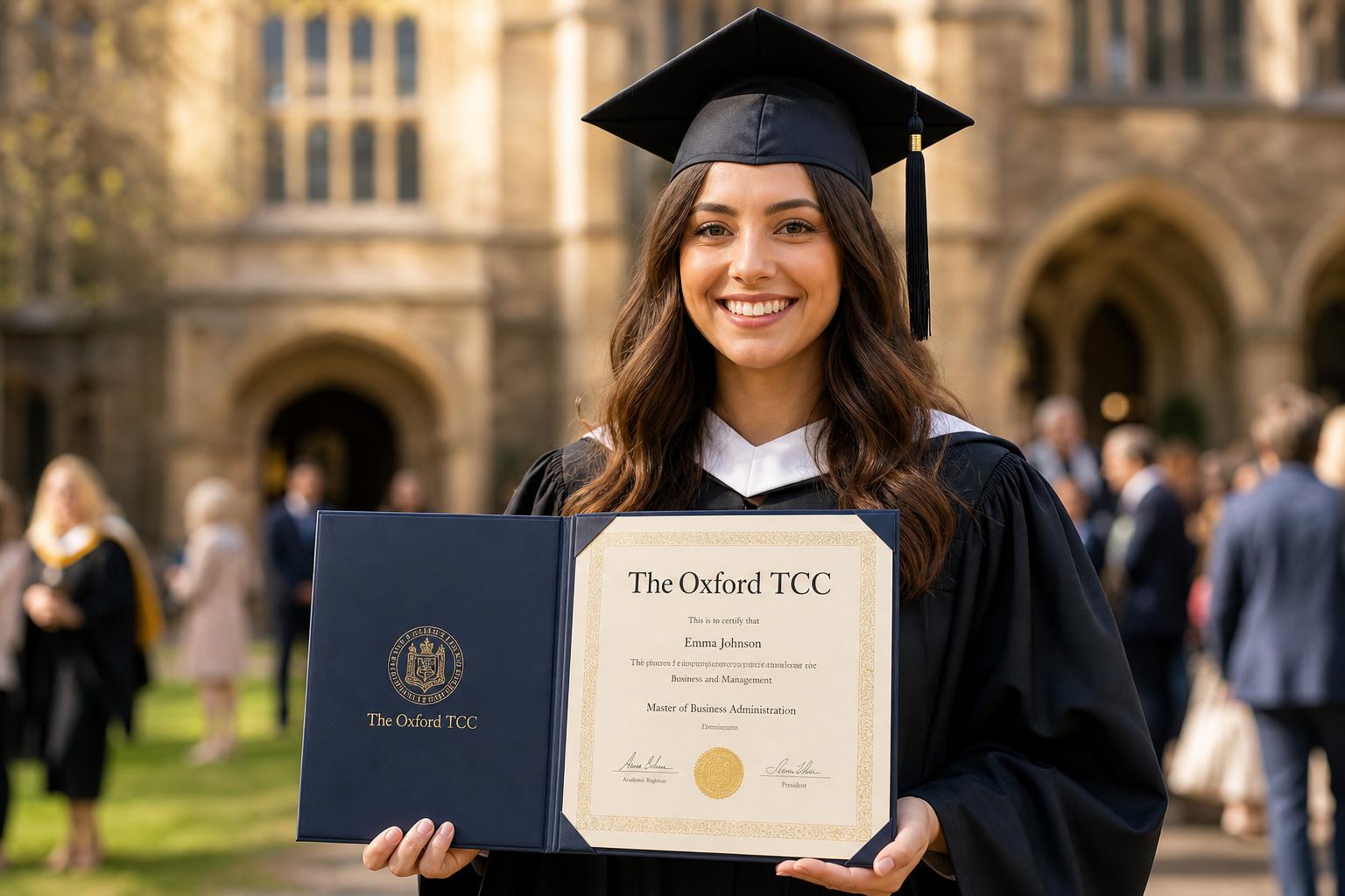 Graduada sosteniendo su diploma de certificación oficial