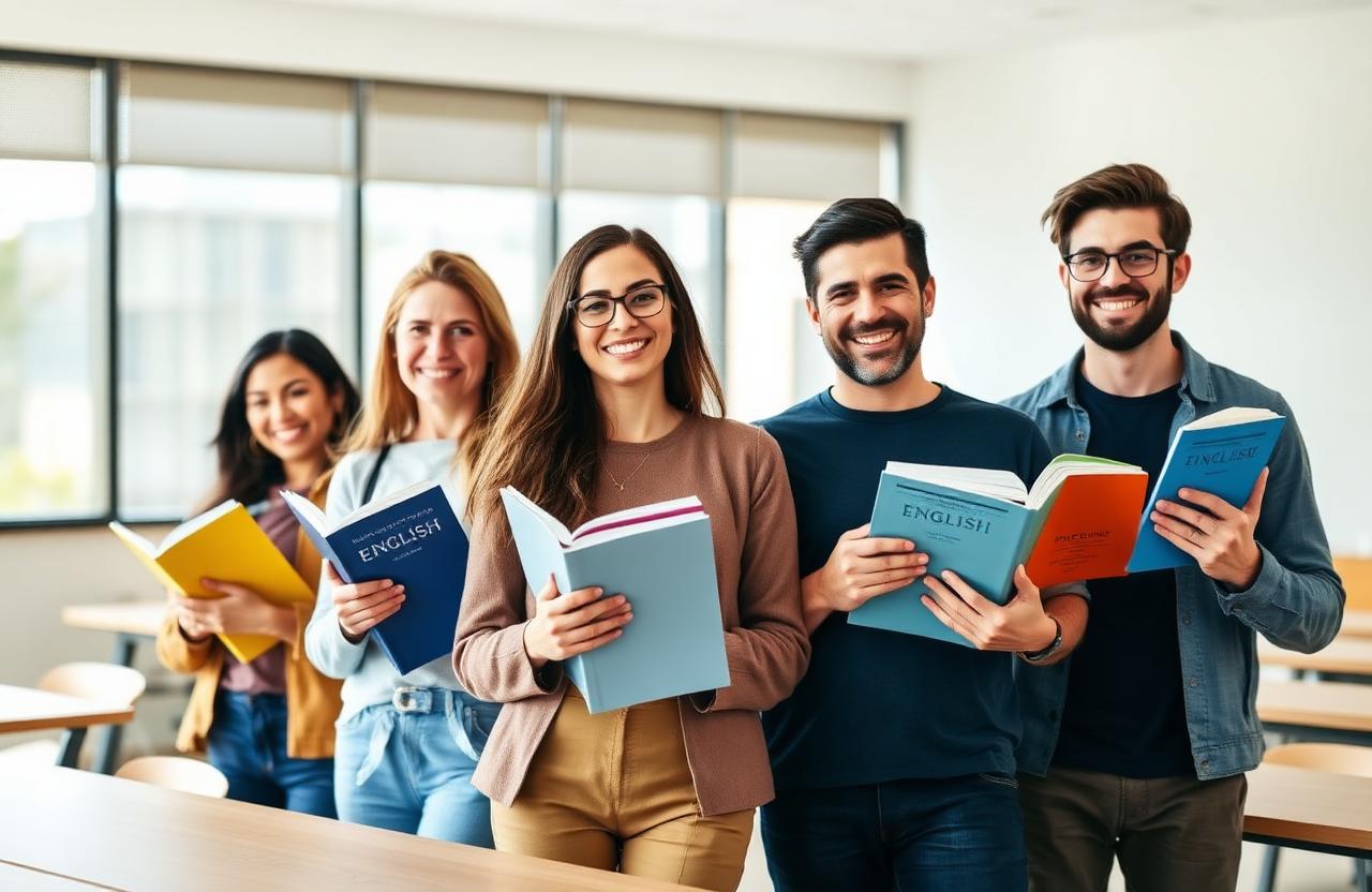 Estudiantes de inglés con libros en aula